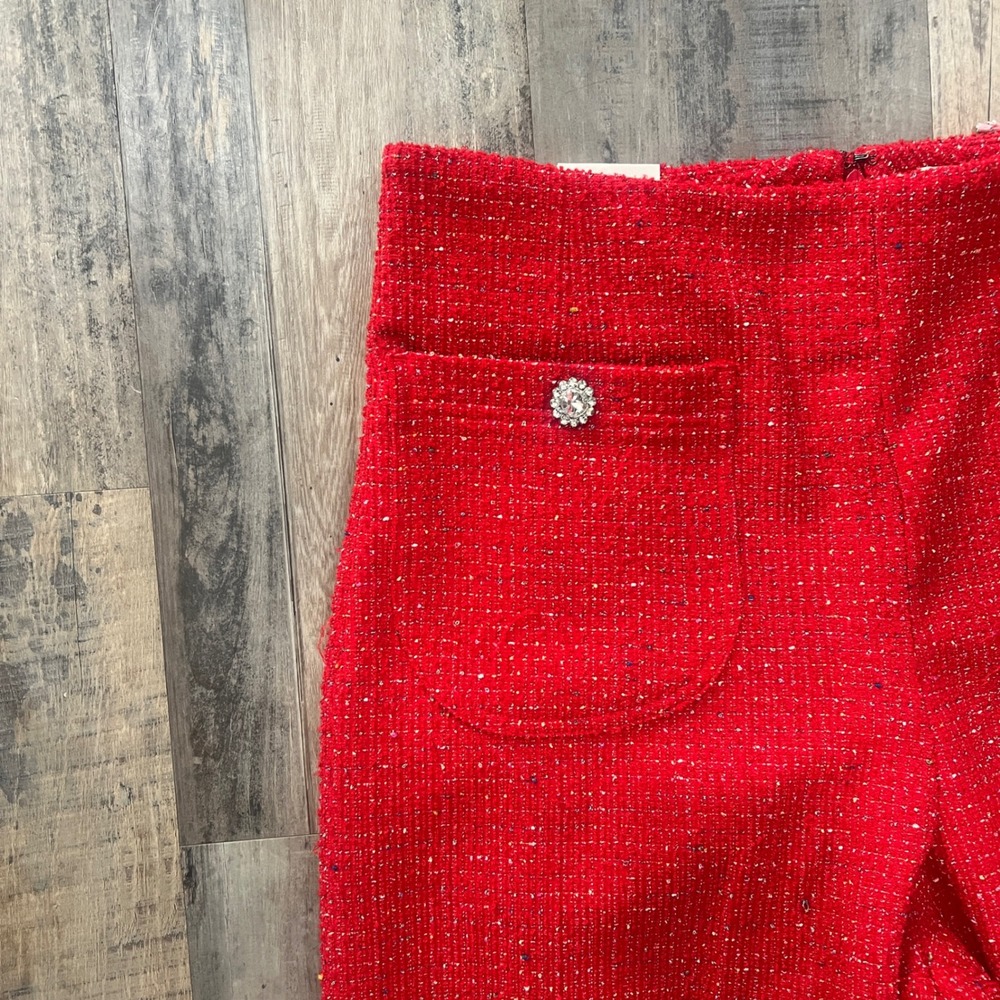 Maeve Anthropologie Red Boucle Tweed Ruffle Hem Wide Leg Pants Crystal Button - Picture 2 of 12